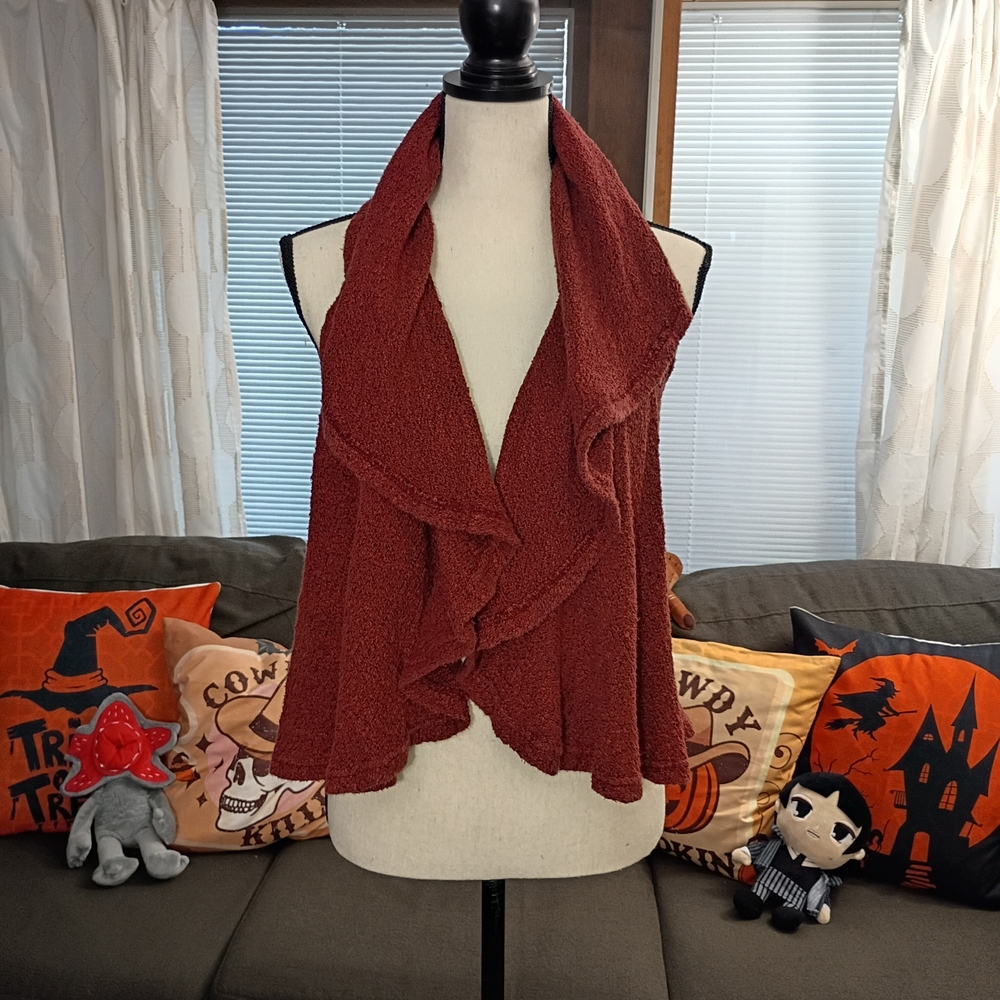 Cut Loose Brick Red Waterfall Cropped Razorback Knit Cardigan, Medium